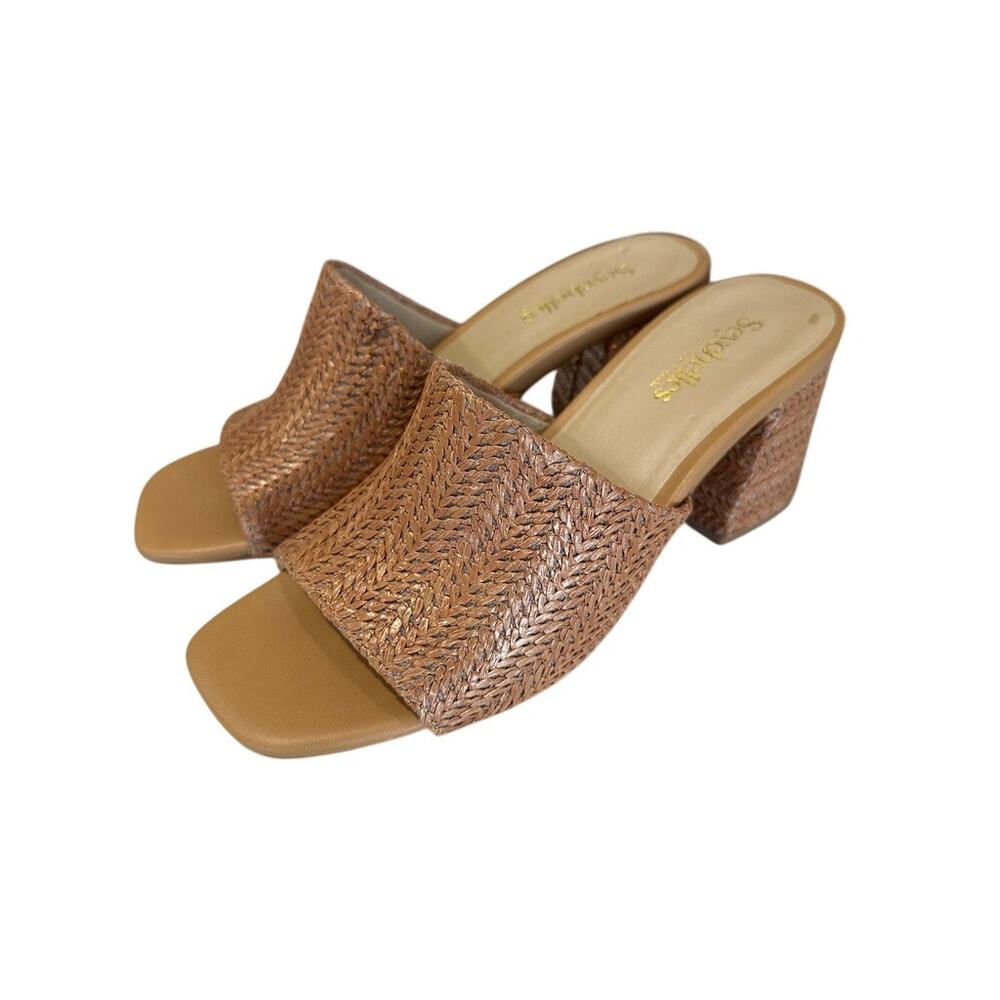 Seychelles Adapt Tan Woven Raffia Block Heel Mule Slide Sandals Women's Size 7